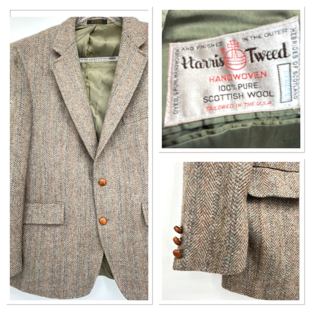 Harris Tweed 100% Pure Scottish Wool Sport Coat Blazer 42R Brown Herringbone USA
